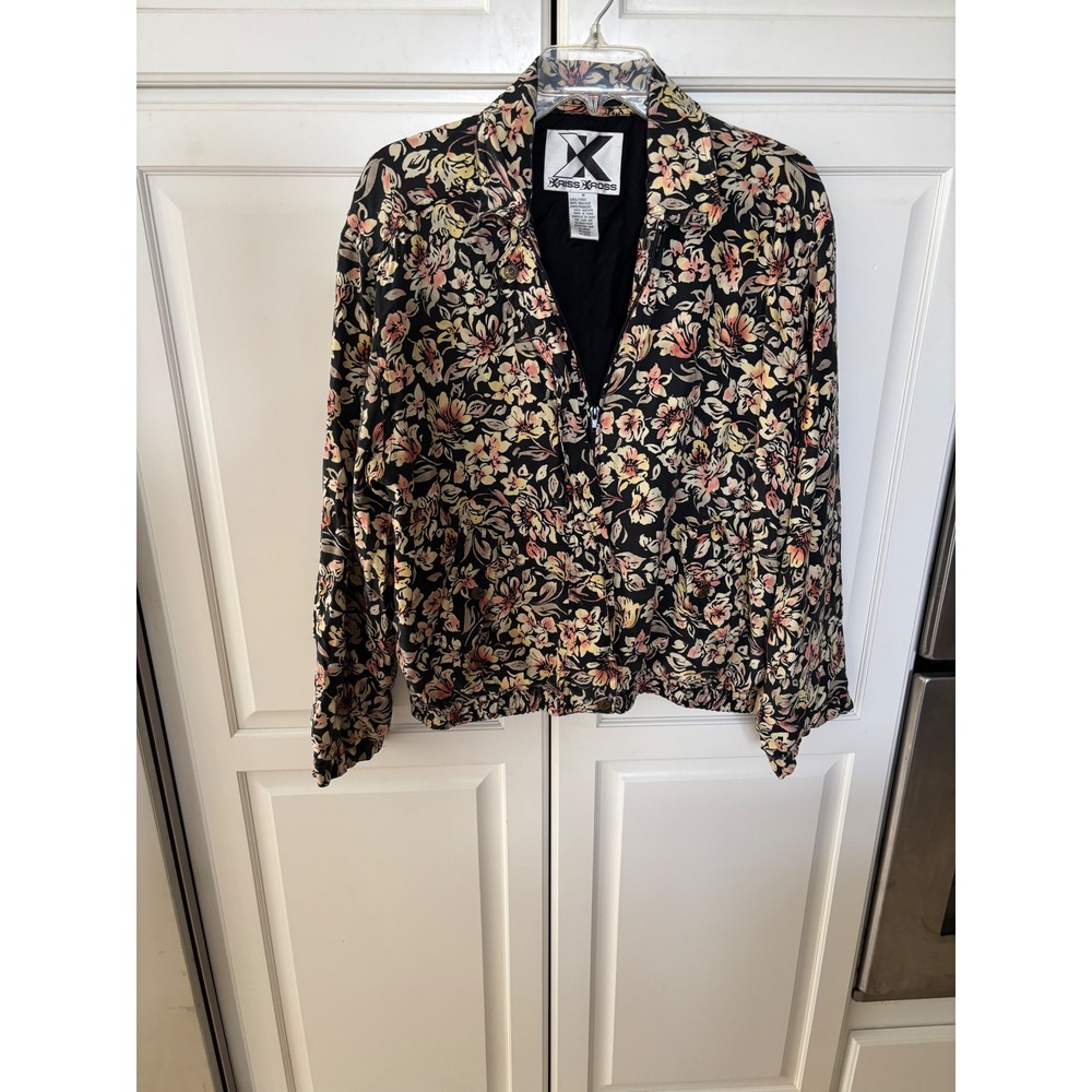 Kriss‎ Kross Vintage 100% Silk Floral Bomber Jacket Black Pink Yellow Medium